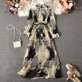 Ingvn - Vintage Long Dress Popular Full Sleeve Spring Fall New Loose A-Line Printed Leopard Pleated Women Dress Elegant Robe y1470