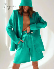 Ingvn - Fashion Trends Office Cotton Linen Outfit Spring Autumn Notched Loose Long Sleeve Blazer Fashion Lady Women Suits High Waist Shorts Sets