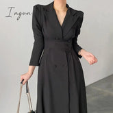 Ingvn - High Waisted Maxi Dresses for Women Long Sleeve Double Breasted Chic Korean Fashion Notched Vestido De Mujer Elegant Vintage Y2k