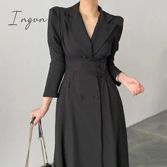 Ingvn - High Waisted Maxi Dresses for Women Long Sleeve Double Breasted Chic Korean Fashion Notched Vestido De Mujer Elegant Vintage Y2k