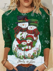 Ingvn - Women's T shirt Tee Black-T1 Snowman Reindeer Print Long Sleeve Christmas Weekend Basic Christmas Round Neck Painting