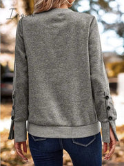 Ingvn - Women's Sweatshirt Pullover Basic Button Gray Solid Color Casual Round Neck Long Sleeve Top Micro-elastic Fall & Winter