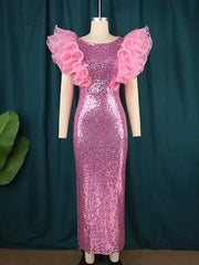 Ingvn - Women Pink Sequin Dress Puff Ruffle Sleeve Bodycon Sparkly Dress Elegant Party Club Birthday Wedding Night Robe Big Size 3XL 4XL
