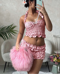 Solid Women 2Piece Set Sexy Summer Elastic Halter Backless Slim Crop Tanks+Matching Ruched Ruffle Skirts Clubwear