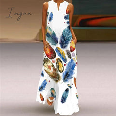 Ingvn - Fashion White Summer Dress Casual Breathable Butterfly Print Long Dresses Woman Sleeveless Beach Maxi Dress Women