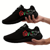 Womens Lightweight Breathable Mesh Sneakers - Cushioning Support, Anti-Slip Shock-Absorbing, Random Printing Skeleton & Rose Decor, Durable Low-Top Lace-up Athletic Shoes for All-Season Wear