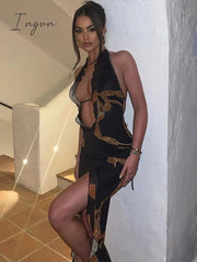 Ingvn - Elegant Halter Backless Print Maxi Dress Women New Fashion Lace-up Sleeveless Bodycon Printed Sexy Party Long Dress