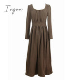 Ingvn - Spring Autumn Women 100%Linen Coffee Long Dress Ladies Victoria Royal Vintage Elegant Long Sleeve High Waist Dress robe longue