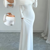 1pc Elegant White Polyester Bodycon Maxi Dress, Long Sleeve Off-Shoulder Backless Ribbed Knit Twist Fish Tail Hem, All-Season Solid Color Dress for Adults
