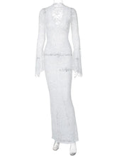 Ingvn Elegant V-neck Flare Sleeve Hollow Out Long Maxi Lace Dress Women's Autumn See-through Bodycon White Holiday Party Dresses