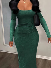 Chic Squared Neck Maxi Dress - Figure-Sculpting Long Sleeve Bodycon - Versatile Solid Color Casual Style - Womens Fashion Must-Have