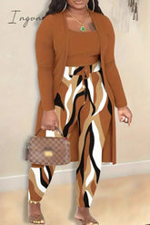 Ingvn - Black White Elegant Print Patchwork Draw String O Neck Plus Size Three Pieces