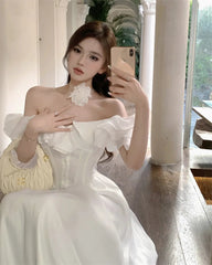 French Vintage White Strapless Midi Dresses for Women Summer New Elegant Party Sleeveless Slim Evening Prom Female Clothing