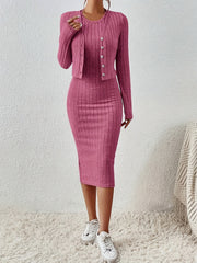 Chic Solid Two-Piece Set - Flattering Single-Breasted Cardigan & Sleeveless Bodycon Dress Outfit - Perfect for Casual or Formal Wear - Womens Fashion Clothing