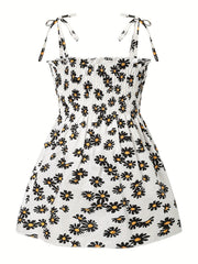 Cotton Little Girls Brief Slip Dress - Shirred, Random Daisy Print, Non-Stretch, Regular Fit, Cute Style - Perfect for Summer Beach Vacation and Outdoor Play