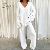Ingvn - Women's Lounge Sets 2 Pieces Solid Color Fleece Pajama V Neck Long Sleeve for Fall Winter White S 3XL
