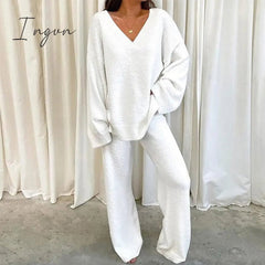 Ingvn - Women's Lounge Sets 2 Pieces Solid Color Fleece Pajama V Neck Long Sleeve for Fall Winter White S 3XL