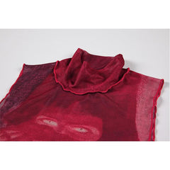 Tie Dye Mesh High Neck Hand Painted Printed Women Top Summer Fashion Sleeveless Slim T Shirt Lady Holiday Beach Style Tops