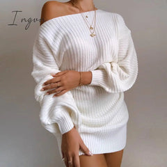 Ingvn - The hottest ladies casual off-shoulder lantern sleeve knitted sweater dress
