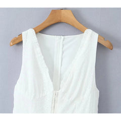 New Women Hollow Out Embroidery White Tank Dress Sleeveless V Neck Low Waist A-line Mini Dresses Summer Cotton Robe