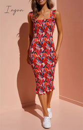 Ingvn- Sexy Vintage Floral Flounce Square Collar Wrapped Skirt Dresses