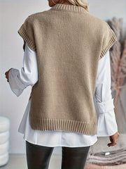 Plus Size Twist Textured Sweater Vest - Casual, Side Split, Crew Neck, Knitted, Soft, Cozy, and Chic Women's Clothing for Everyday Wear