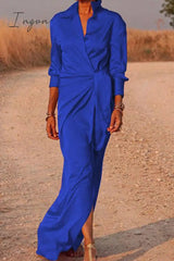 Ingvn - Casual Solid Bandage Patchwork Turndown Collar Shirt Dress Dresses