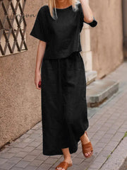 Ingvn - Plus Size 5XL Cotton Women's Pantsuit Suit Loose O-neck Top Wide-leg Trouser Suits Female Spring Fashion Casual Set Ladies