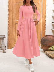 Ladies Casual Long Sleeve Wedding Guest Dress Fall Dress Elegant Bohemian Style Flowing Mid-length Dress With Pockets
