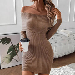 Women's New Spliced Fashionable Solid Color Slim Fit Casual Long Sleeved Knitted One-piece Collar Dress