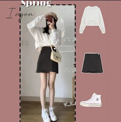 Ingvn - Oversize Sets Women Lovley Fashion Chic Spring Fall Korean Girls 2 Piece Outfits Simple Basic Crop Top Popular Sexy Mini Skirts