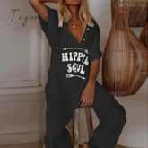 Ingvn - Summer Short Sleeve Eyelash Print Jumpsuit Casual Women Cotton Linen Playsuits V Neck Button Loose Overalls Romper Bodysuit