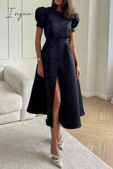 Ingvn - Elegant Solid Buckle O Neck A Line Short Sleeve Dress(5 Colors)