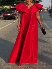 Ingvn - Women Maxi Shift Dress Oversized Loose Casual Sparkly Robe Puff Cap Sleeve V Back Red Modest Party Club Christmas Long Gown 4XL
