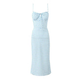 Summer Women Sexy Thin Straps Blue White Plaid Sling Dresses Midi Long Pencil Dress Holiday Robe
