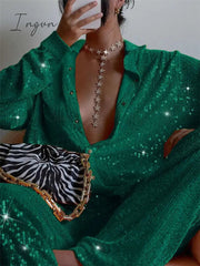 Ingvn - Sparkly Two-piece Set Party Outfits For Womens Sequin Top Blouse Shirt And Pants Suit Female Luxury Evening Tracksuit New