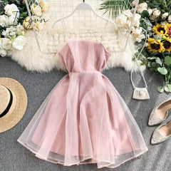 Ingvn - Spring Outfits Summer Spaghetti Strap High Waist Sleeveless Mini Chiffon Elegant Women Lady Female Dress
