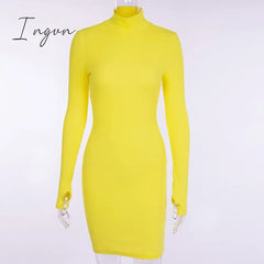 Ingvn - Autumn Long Sleeve Bottom Dress for Women High Collar Temperament Solid Color Dress Bodycon Mini Dresses Female Harajuku