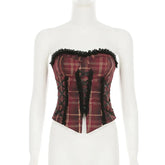 Coquette Plaid Print Tube Top Backless Bandeau Vest with Lace Trim Zipper Closure Women Streetwear Aesthetic Teen Girl Clothes
