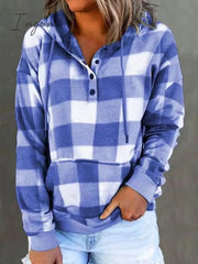 Ingvn - Women's Hoodie Sweatshirt Pullover Fashion Button Drawstring Front Pocket Red Blue Purple Plaid Casual Hoodie Long Sleeve Top Micro-elastic Fall & Winter
