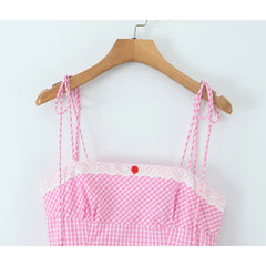 Sexy Spaghetti Straps pink Plaid Mini Dress Women Embroidery Lace Spliced Elegant A-line Summer Dresses Party Robe 2025
