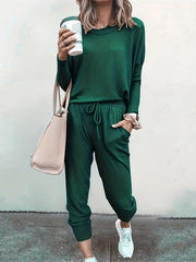 Chic Womens Two-piece Set - Comfy Long Sleeve Tee & Drawstring Jogger Pants - Versatile Solid Outfit for Casual Days