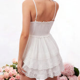 Sexy Sweet Women Lace Spliced White Sling Mini Dress Layers Cake Hem A-line Short Summer Dress Holiday Robe Cotton