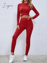 Ingvn - Women's Crop Top Pants Sets Black Red Khaki Solid Color Long Sleeve Casual Daily Fashion Round Neck Regular Fit Spring & Fall