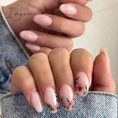 24pcs Short Almond False Nails Flower Pattern Oval Fake Nails Press on Nails Full Cover Wearable Manicure Acrylic Nail Tips