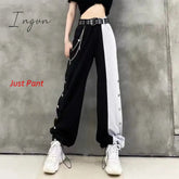 Ingvn - Women Fashion Contrast Cargo Pants Female New Arrival Elastic Waist Wide Leg Trousers Ladies Korean High Street Cotton Pant