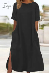 Ingvn - Casual Simplicity Leopard Pocket Slit O Neck Short Sleeve Dresses