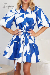 Ingvn - Casual Geometric Print Bandage Turndown Collar A Line Dresses