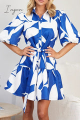 Ingvn - Casual Geometric Print Bandage Turndown Collar A Line Dresses