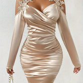 Satin Contrast Guipure Lace Bodycon Dress, Elegant Cold Shoulder Ruched Dress, Women's Clothing For Elegant Dressing